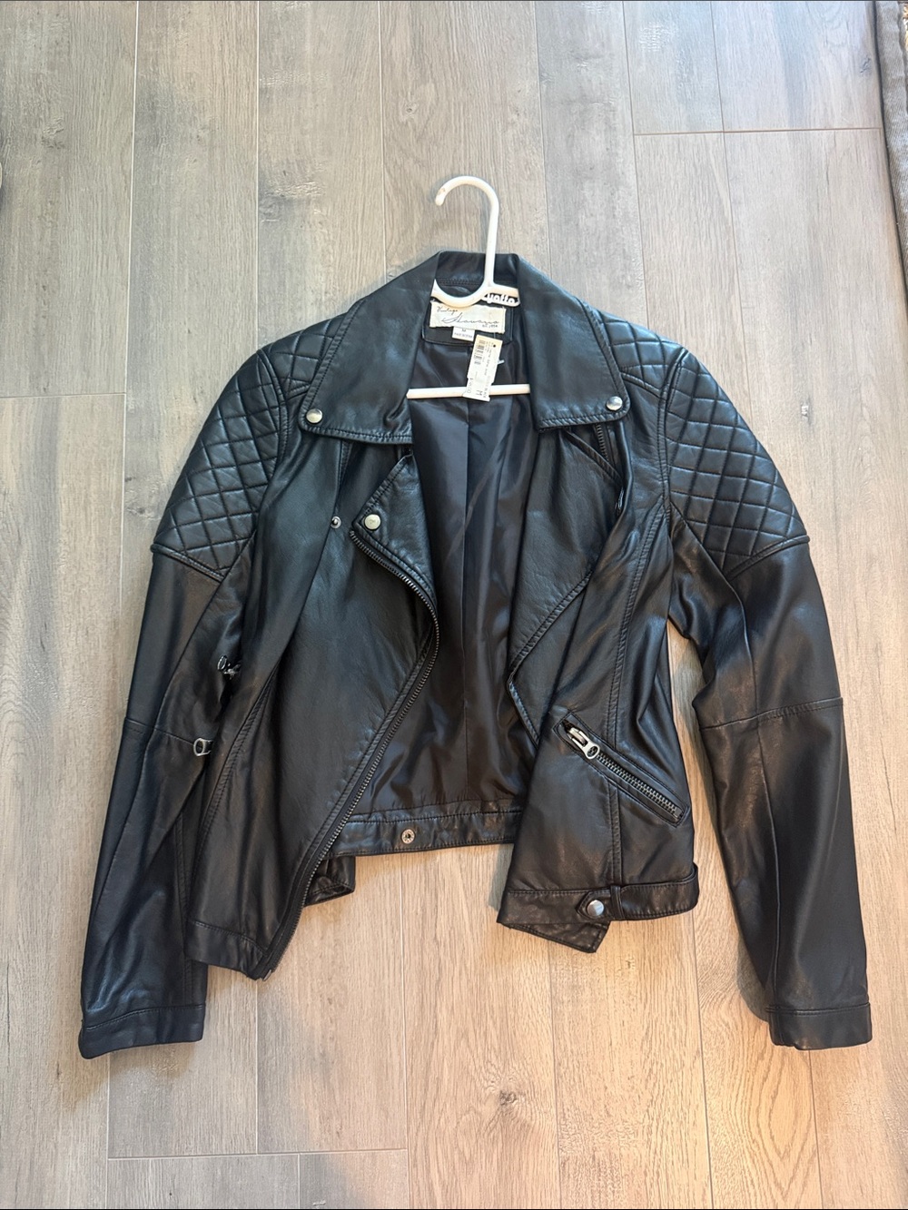 Vintage Havana Black Quilted-Shoulder Faux Leather Moto Jacket